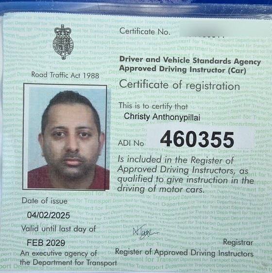 DVSA Approved Driving Instructor certificate of registration for Christy Anthonypillai, ADI number 460355