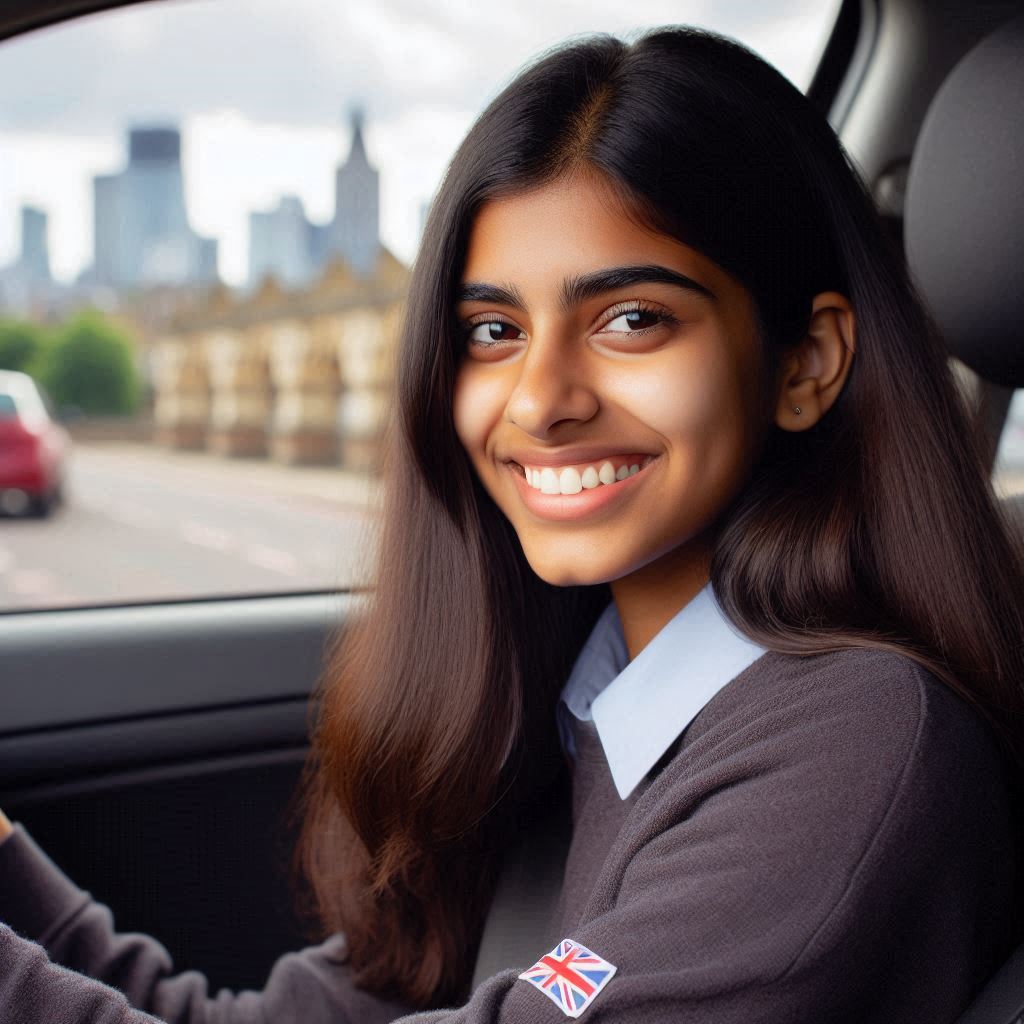 Smiling girl learning to drive with East London Learners in North Greenwich.