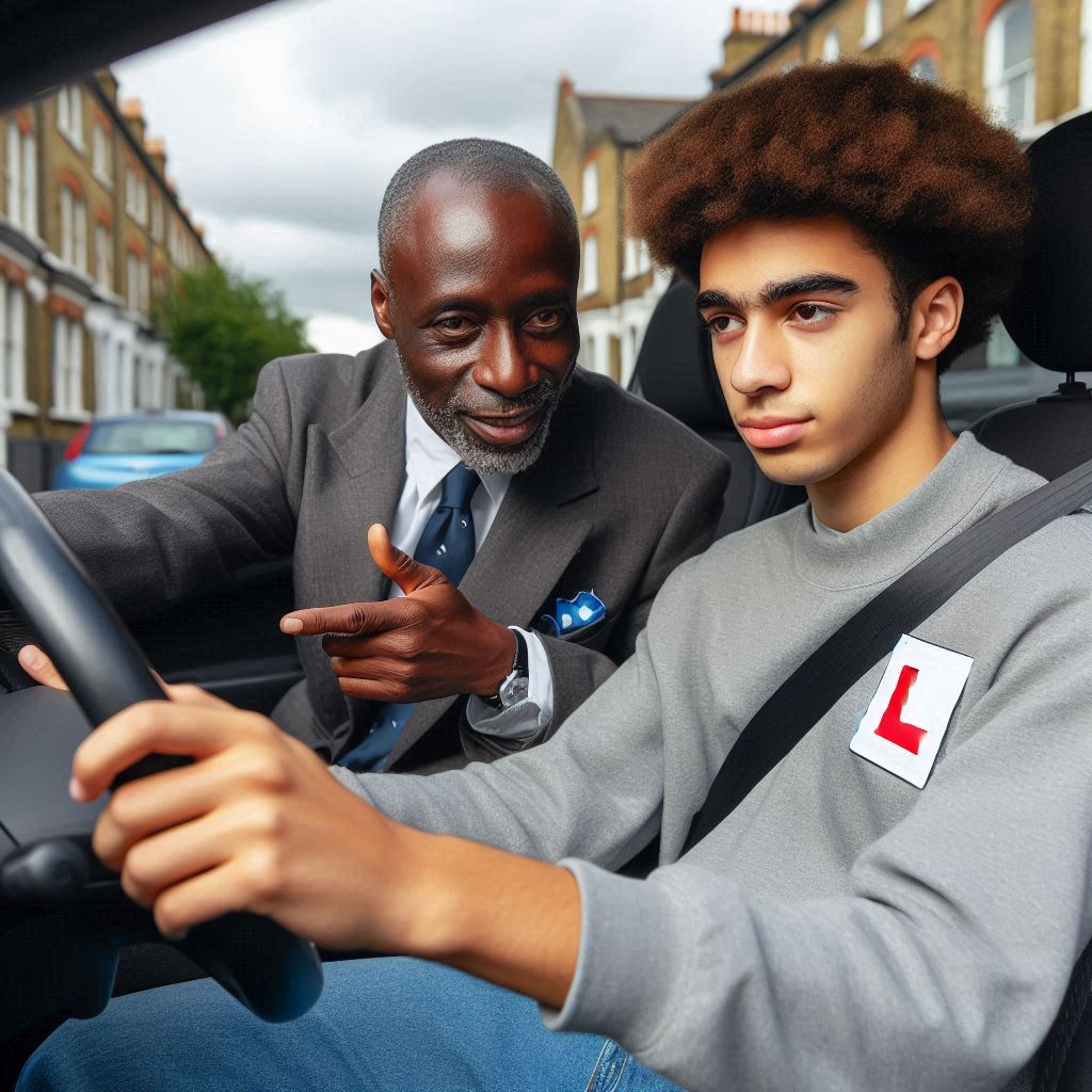 Driving instructor teaching a beginner student behind the wheel in a car.