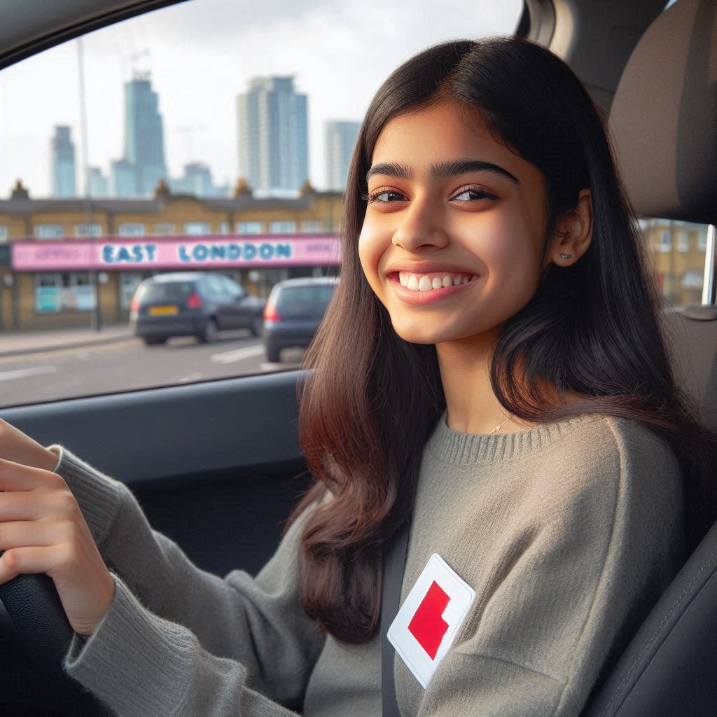 Happy female learner driver smiling while receiving instruction in a car from East London Learners in Plaistow.