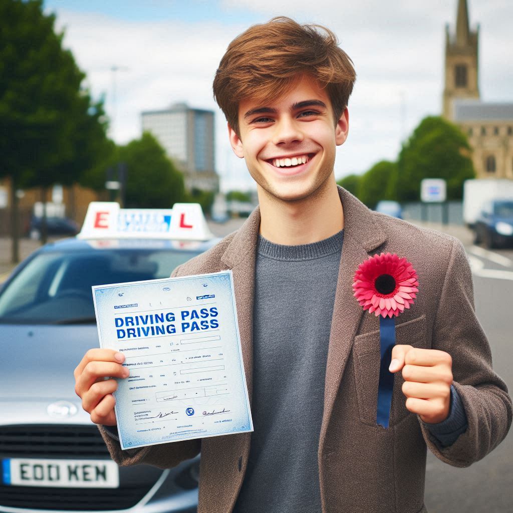 A happy driving student proudly holds their pass certificate beside their car in an East London setting.